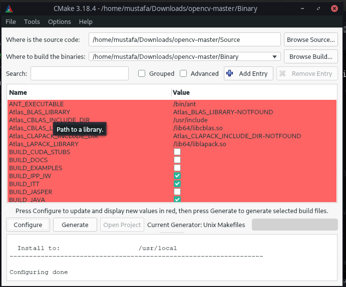 CMake GUI Örnek Kontroller