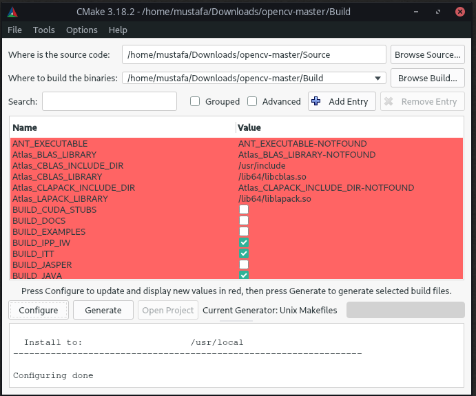 Örnek cmake-gui Ekranı